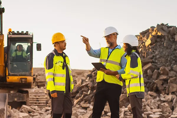 Three construction workers on a construction site