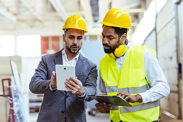 Two construction workers looking at an iPad THUMBImage