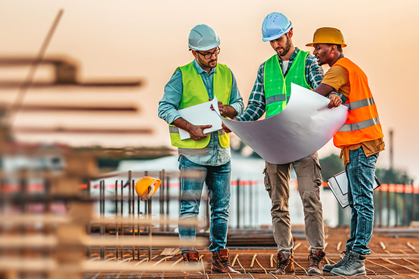 Three construction workers looking at drawings THUMBNAIL