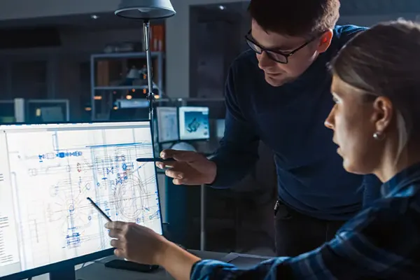 Two employees looking at a monitor THUMBNAIL
