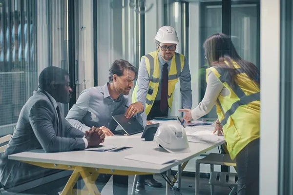 Four construction executives at a desk looking at data 