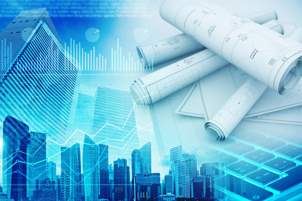 Drawings and city skyline on a blue background 