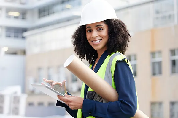 SingleWoman-Ipad-WhiteHelmet-Smiling THUMBImage