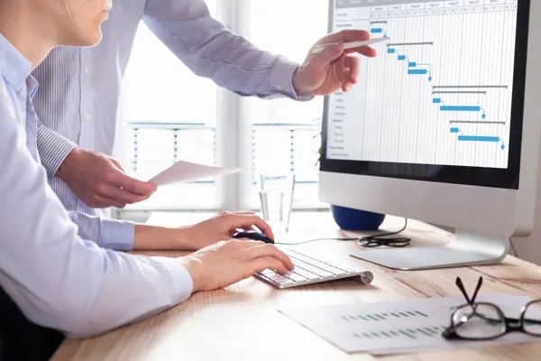 Two executives looking at project management chart on a screen