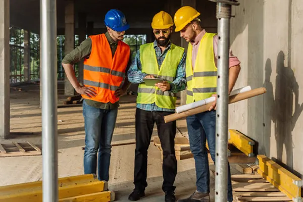 Three construction workers on site looking at document 1200x801