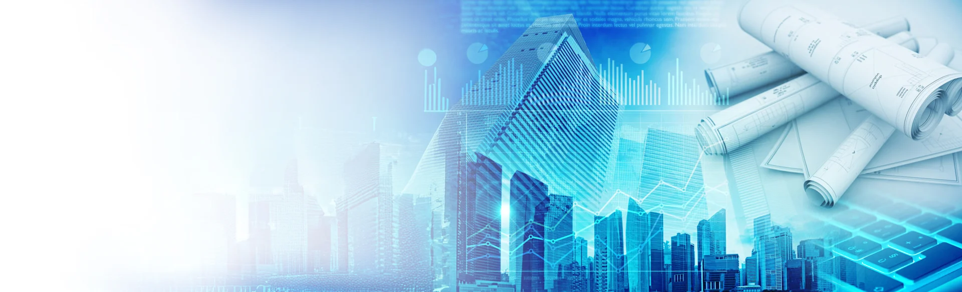 Drawings and city skyline on a blue background