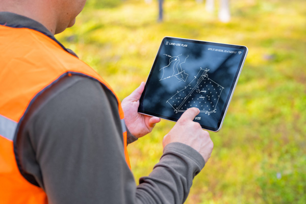 Over the shoulder shot of construction worker looking at an iPad THUMBNAIL
