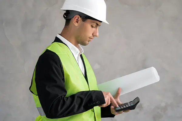 Male construction working holding rolled drawings and using a calculator THUMBNAIL