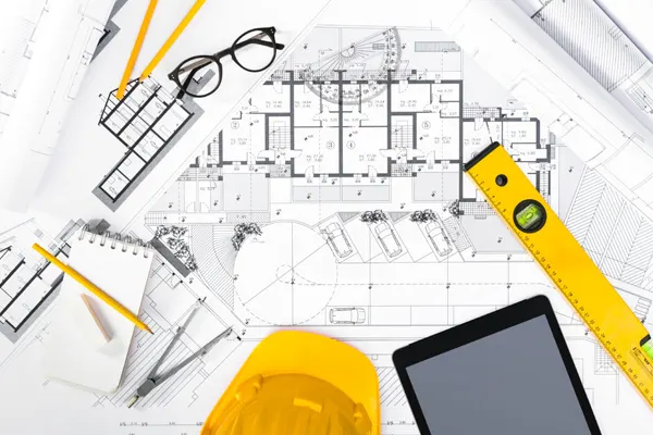 Overhead shot of yellow helmet and drawings on a table THUMB