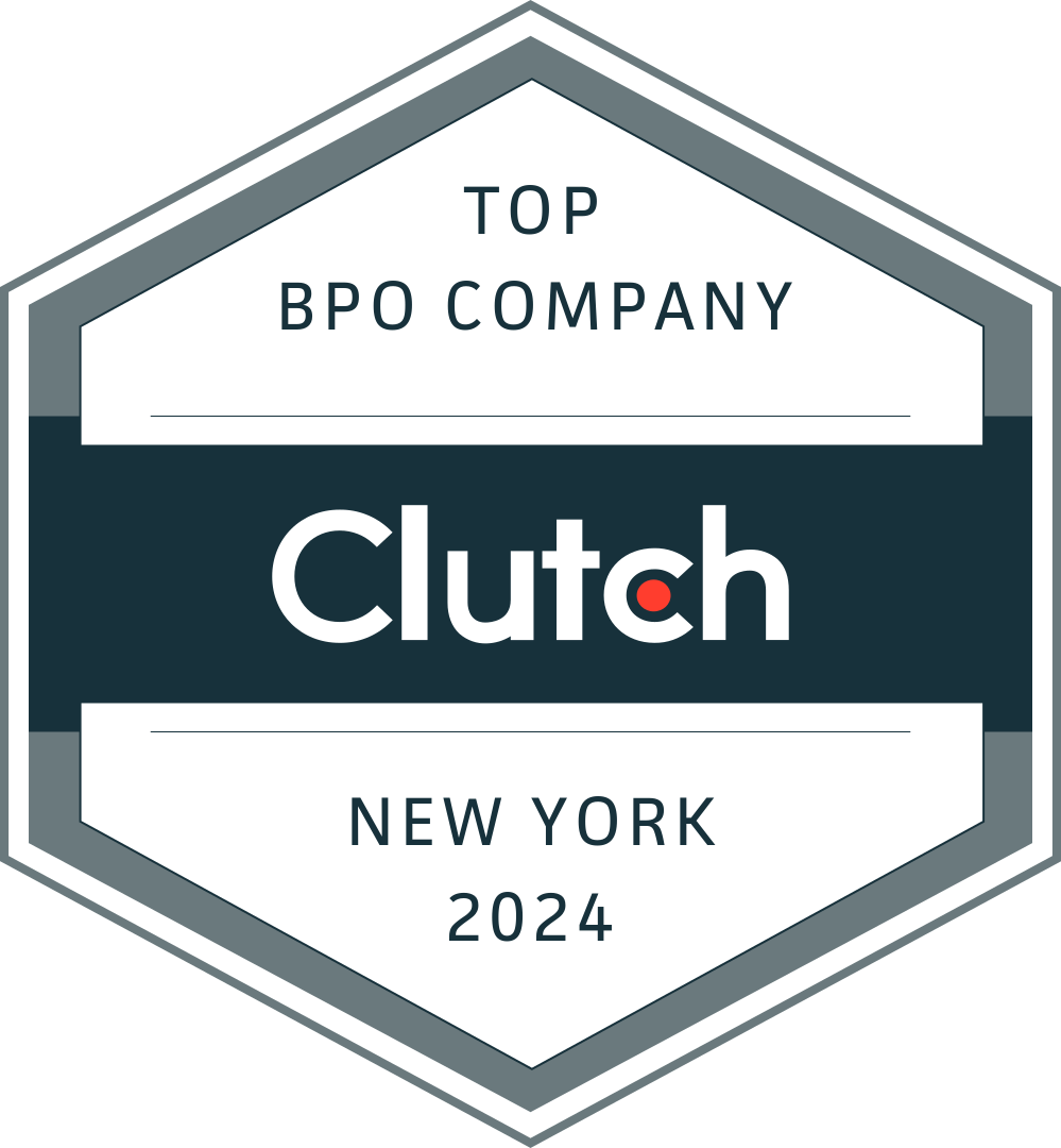 Hexagonal badge reading "Top BPO Company, Clutch, New York, 2024" in white and navy blue.