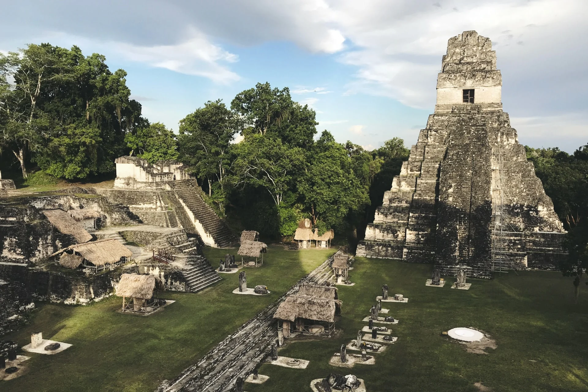 An aerial view of the tikal temple complex.