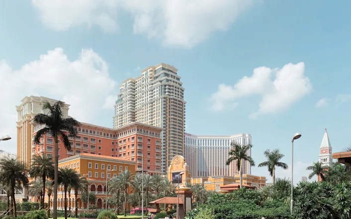 A view of a city with many buildings and palm trees.