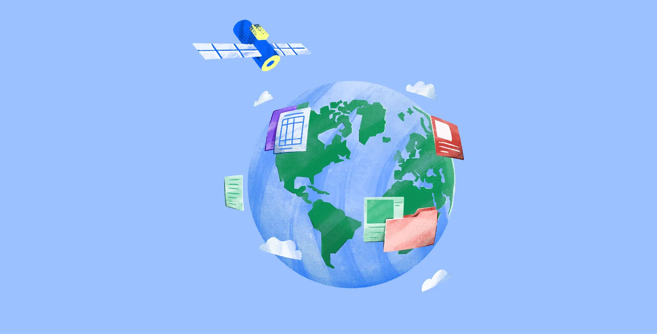 A satellite orbits a digital Earth surrounded by floating digital files, representing global data transmission and connectivity.