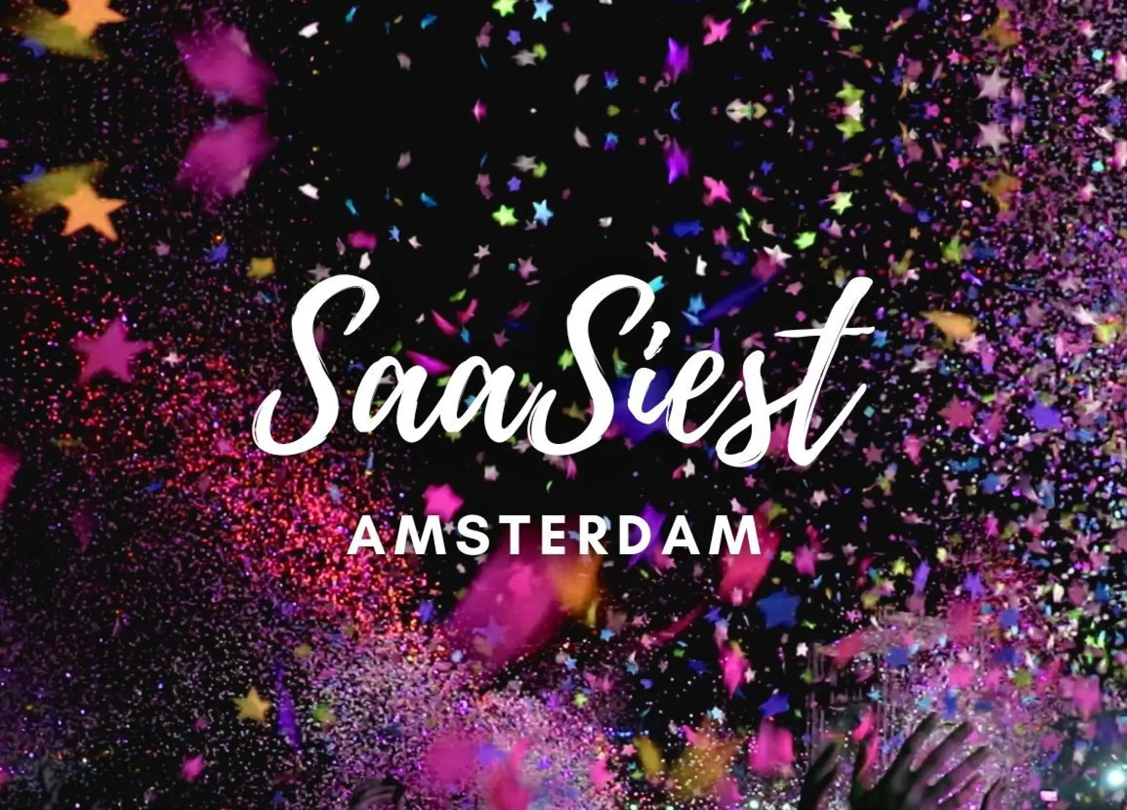 Text "SaanSiest Amsterdam" over a colorful background with confetti and star-shaped decorations.