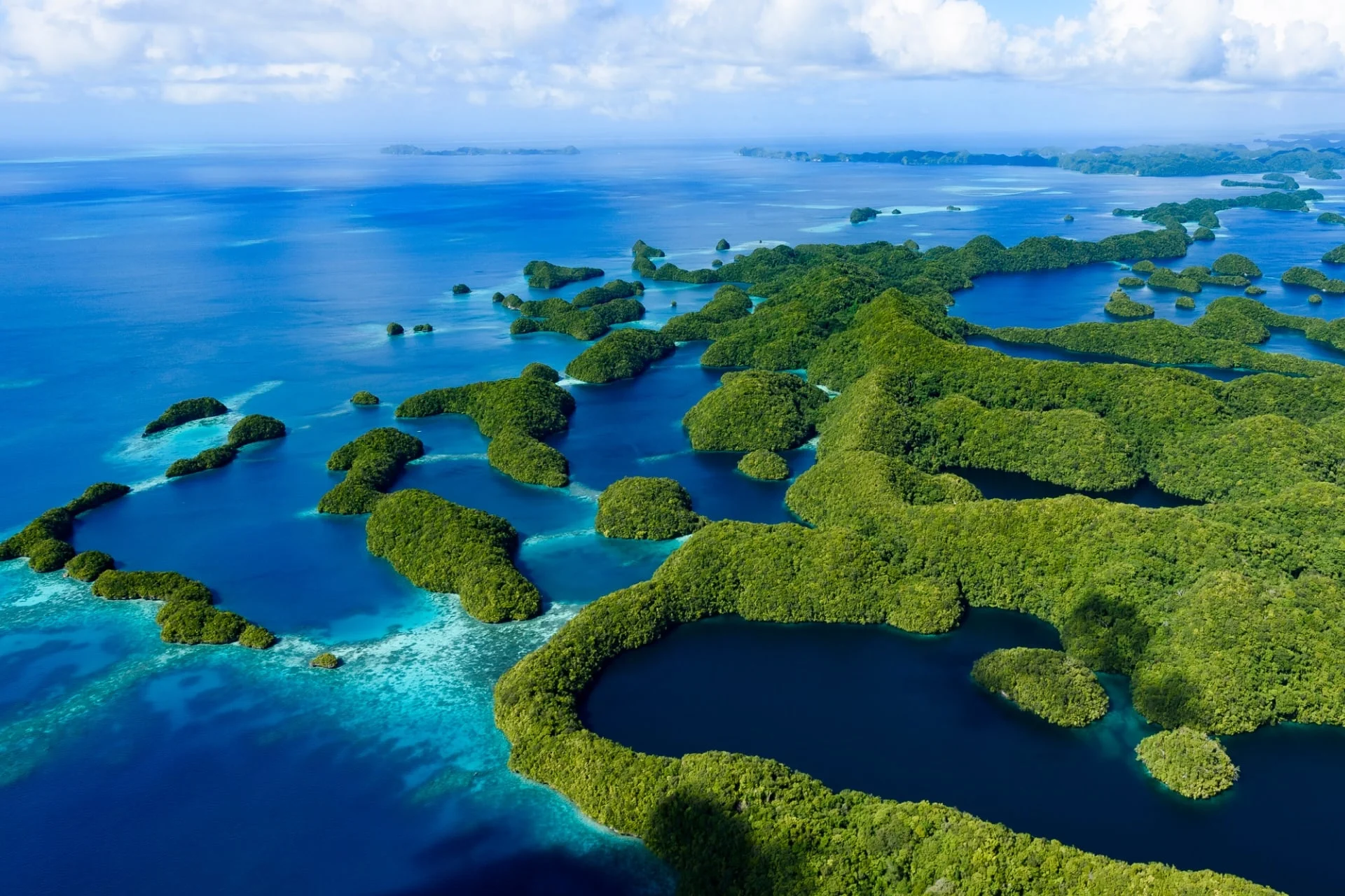 An aerial view of a group of islands in the ocean.