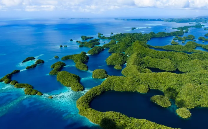 An aerial view of a group of islands in the ocean.