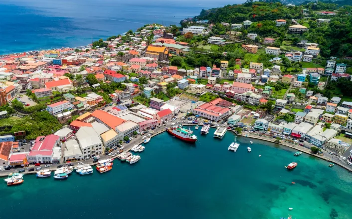 An aerial view of a town on the coast of st lucia.