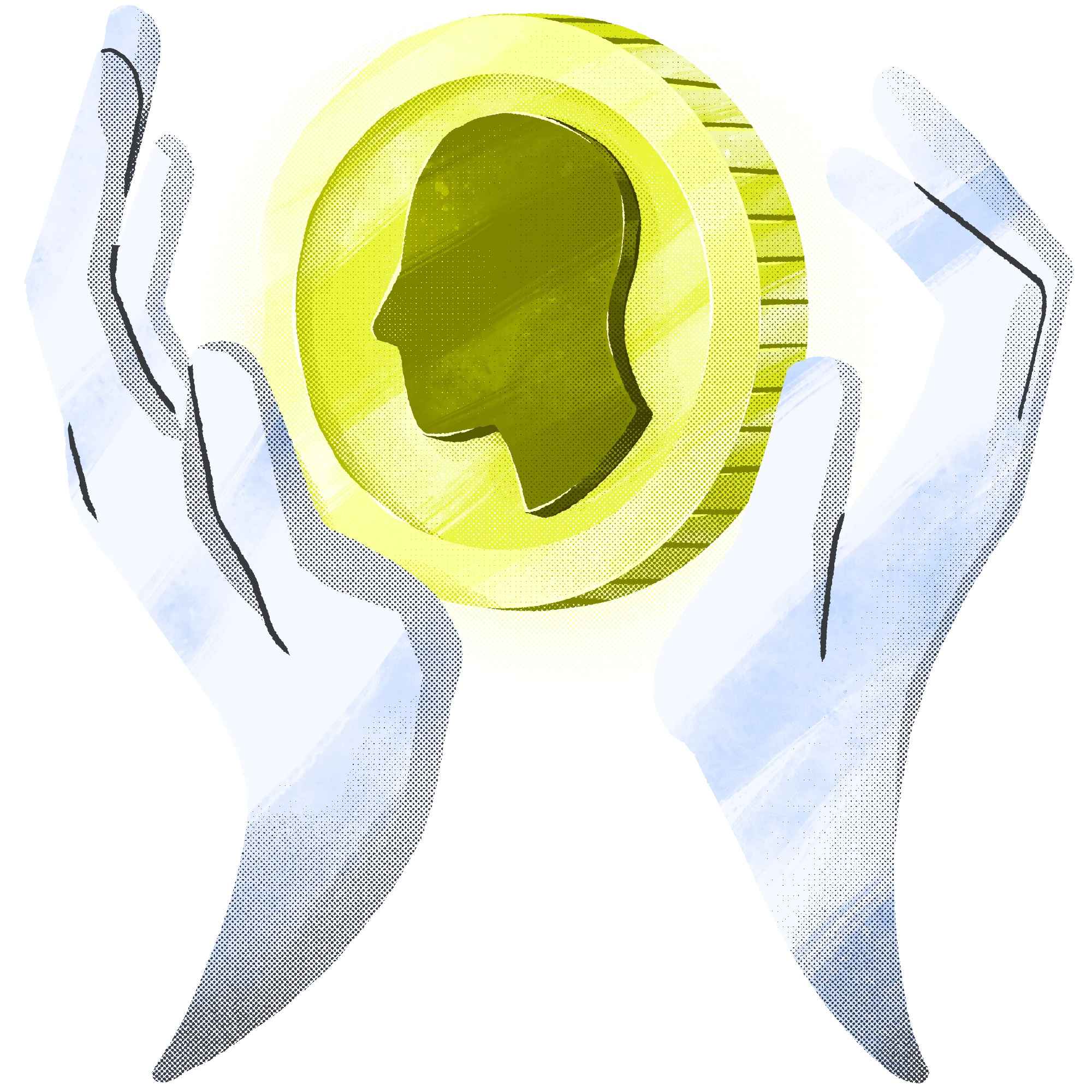 Illustration of two hands holding a large gold coin with a human profile engraved on it.