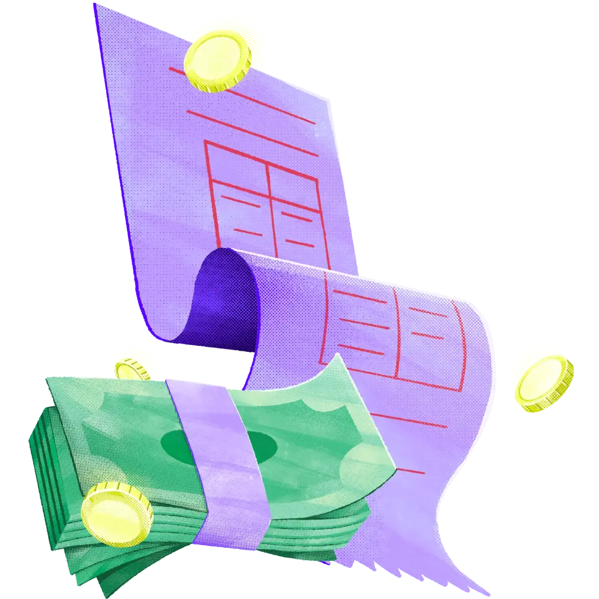 Illustration of a long receipt with coins and a stack of cash, symbolizing financial transactions.