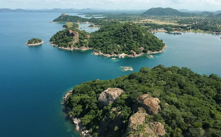 An aerial view of an island in a body of water.