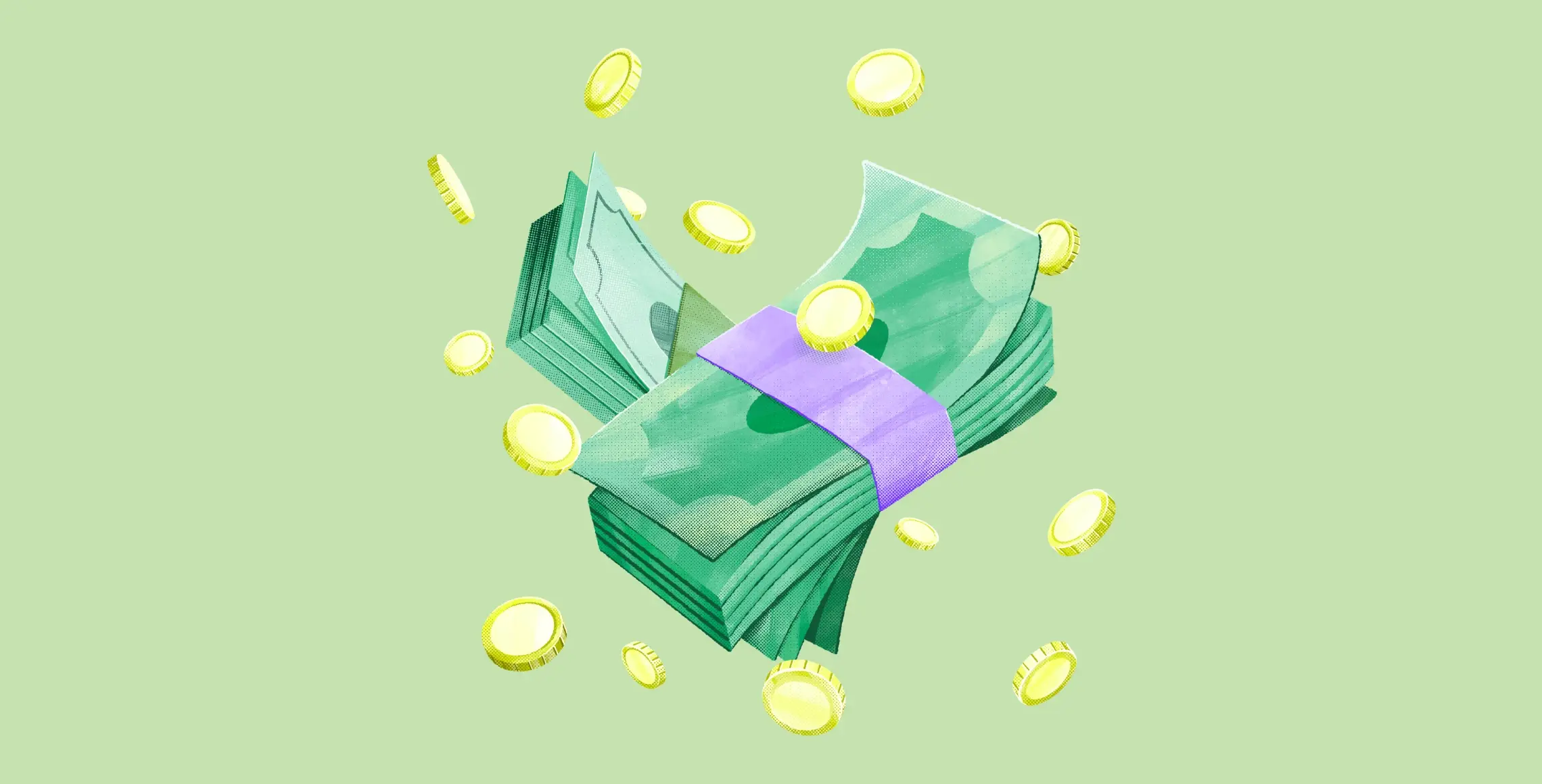 Illustration of a stack of paper currency and golden coins floating against a light green background.