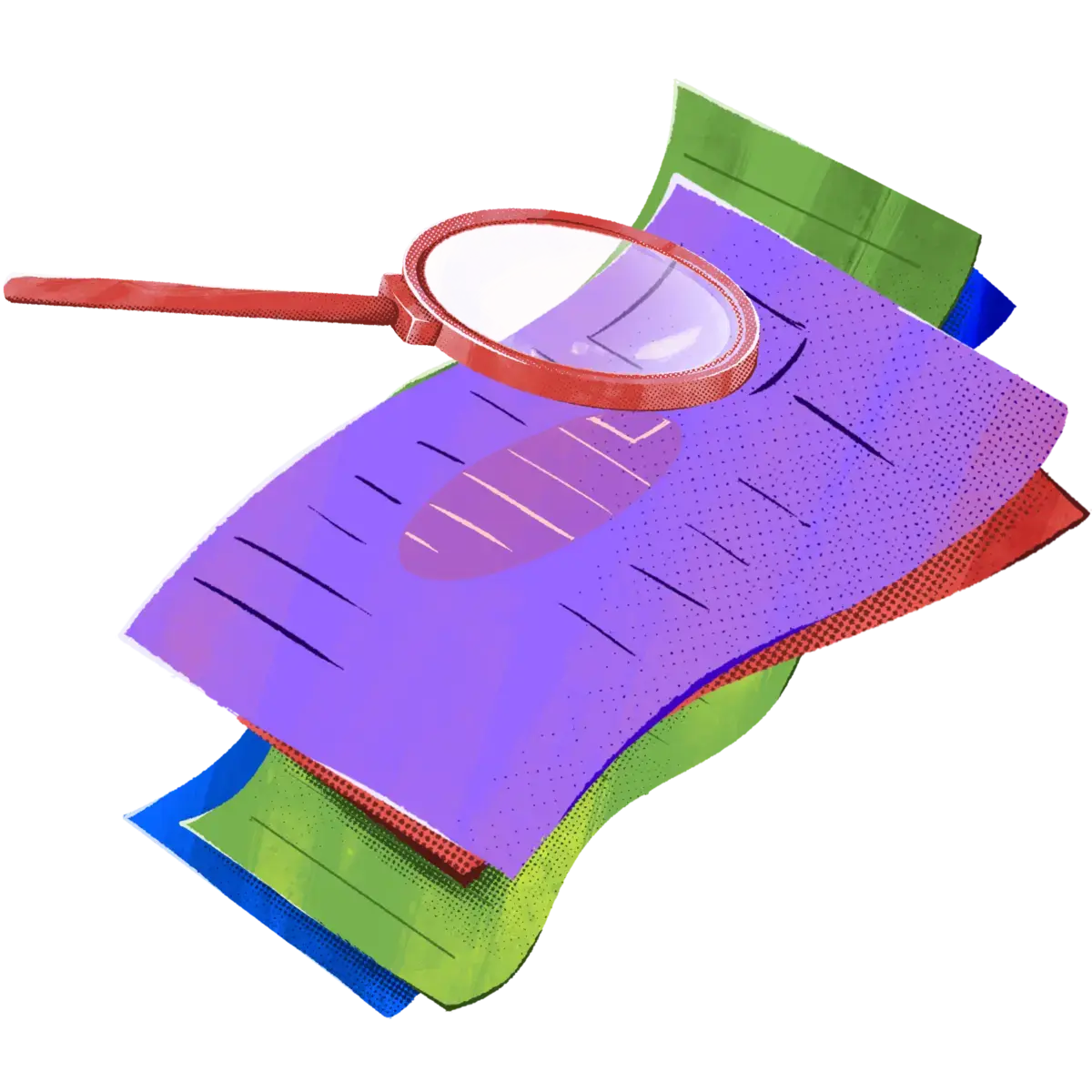 A magnifying glass hovers over colorful layered sheets, focusing on a specific area of the top purple sheet.