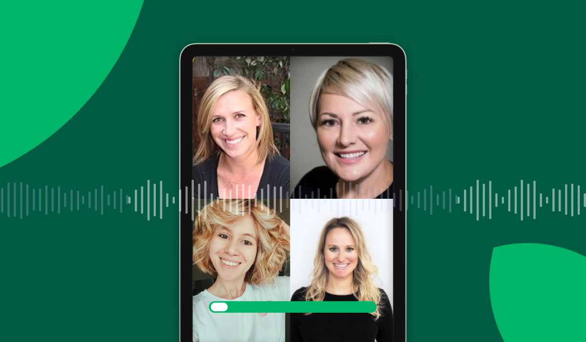 Four women on a phone screen with a green background.