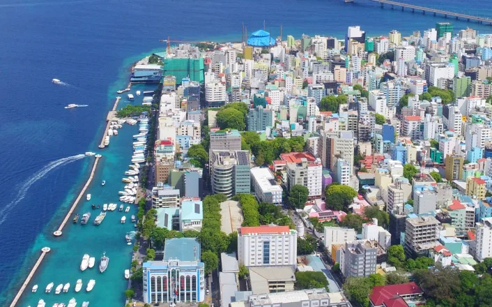An aerial view of a city in maldives.