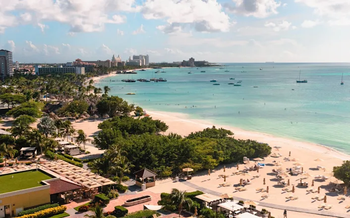 An aerial view of a beach and ocean.
