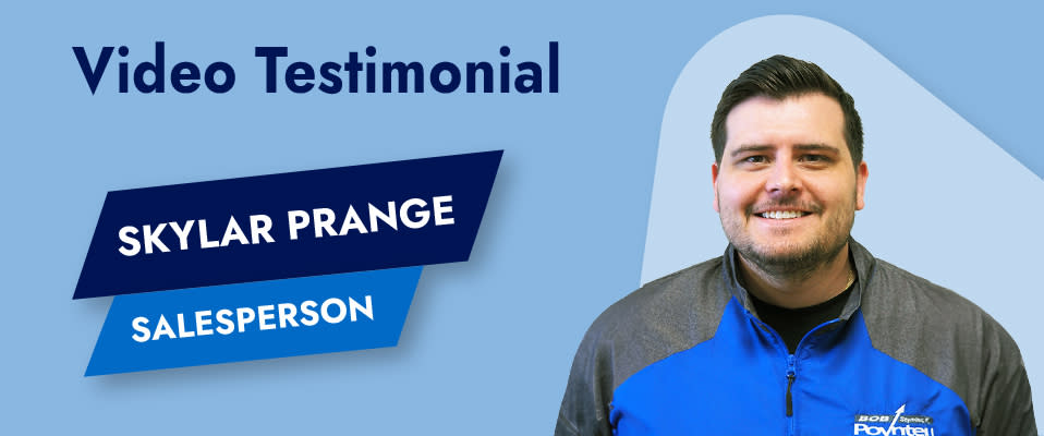 A blue graphic with the words "Video Testimonial, Skylar Prange, Salesperson," next to a picture of Skylar, who is smiling and wearing a jacket with his company's logo