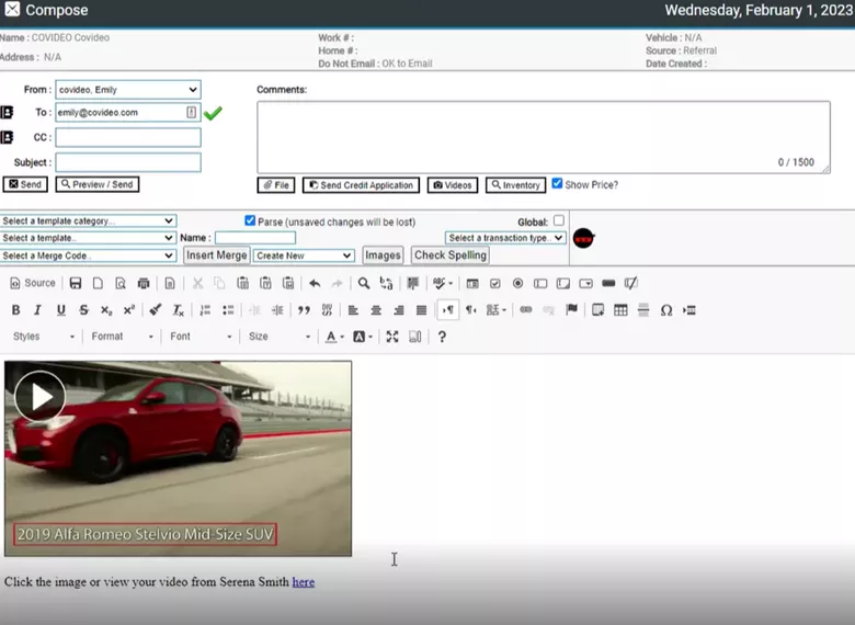 A screenshot of the Elead email interface showing its integration with Covideo