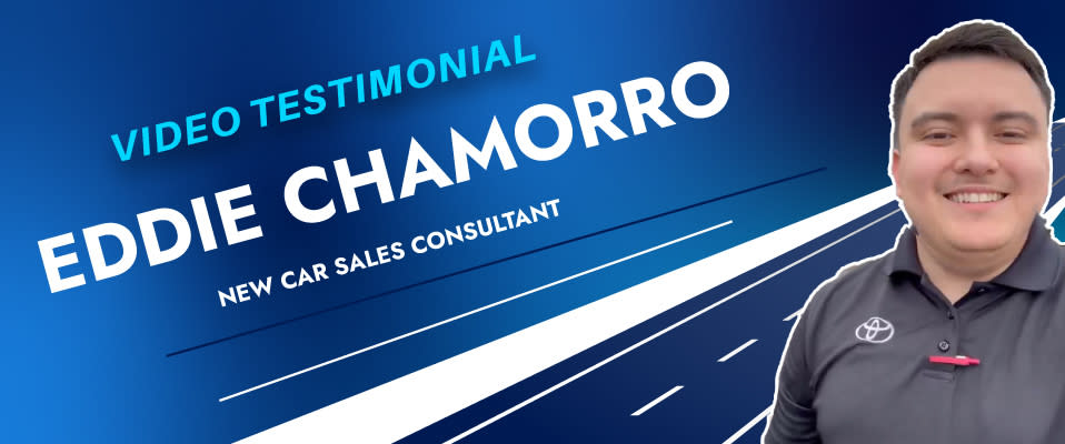 A photo of a man wearing a grey polo on a blue background next to the words "Video Testimonial: Eddie Chamorro, New Car Sales Consultant"