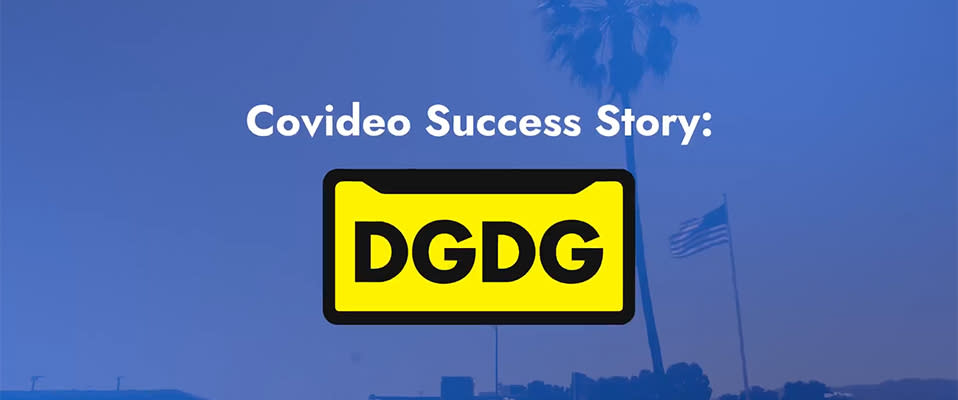 A blue background with the words "Covideo Success Story" followed by the DGDG logo