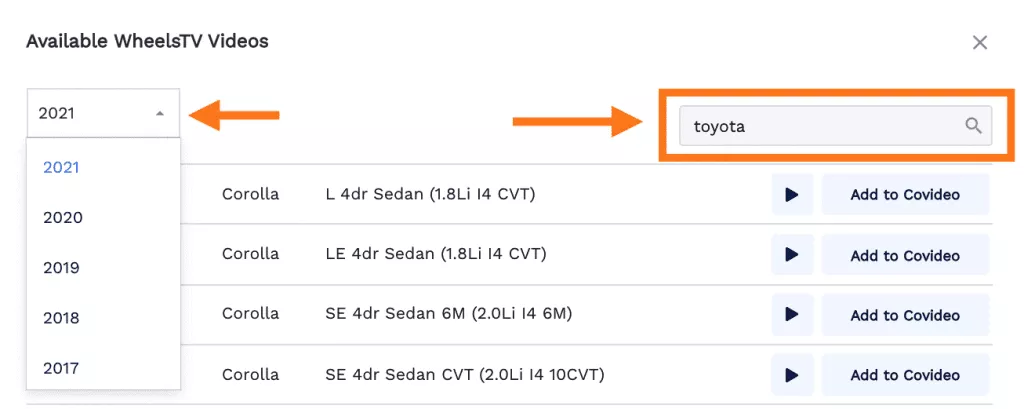 A screenshot of the Covideo interface that says "Available WheelsTV Videos" at the top. To the right there is "toyota" highlighted in a search box and then the model number in a box to the left. In the middle, several video options are visible with a play button and button that says "Add to Covideo."