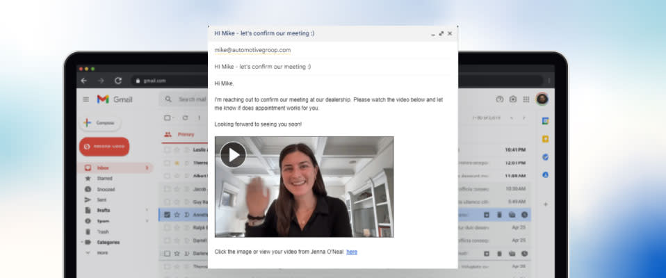 Image of car saleswoman reaching out to customer using Covideo extension for Gmail to confirm meeting with the client at a dealership
