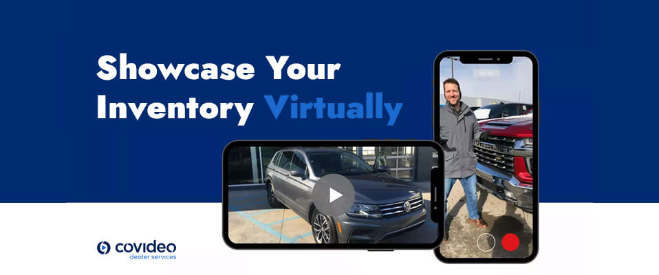 An image with the words "Showcase Your Inventory Virtually" over a blue background and two photos of a photo screen recording the outside of a car