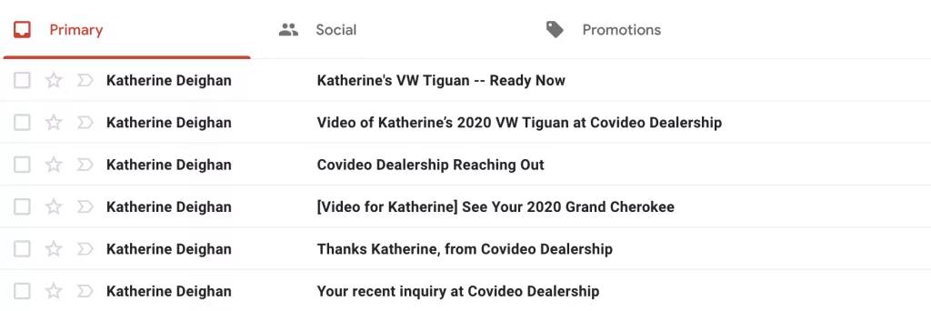 A screenshot of someone's inbox showing six different emails from a dealership with different titles