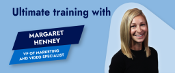 A blue background with a blonde woman in a black shirt smiling next to the words "Podcast with: Margaret Henney, Director of Marketing and Video Specialist"