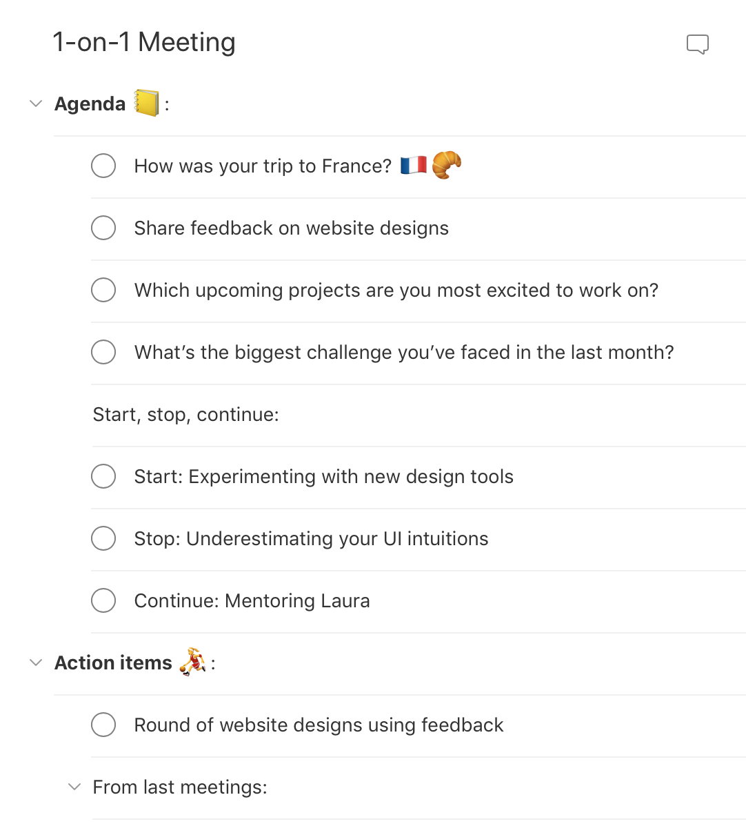 20-on-20 Meeting - Templates  Todoist Pertaining To One On One Meeting Template
