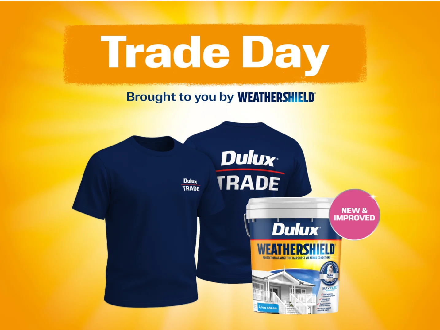 Dulux Weathershield Trade Days promotional image with giveaway t-shirts and a 15 litre pail of Dulux Weathershield paint