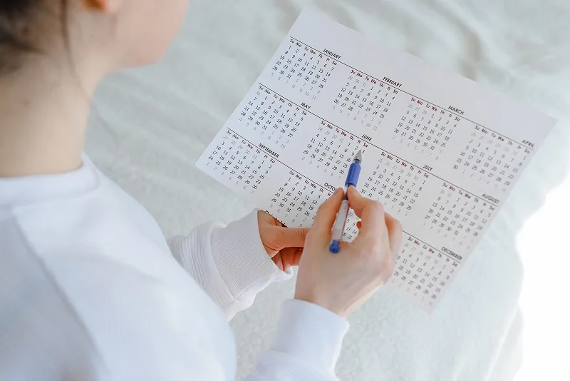 Person pointing with a pen at June on a calendar.