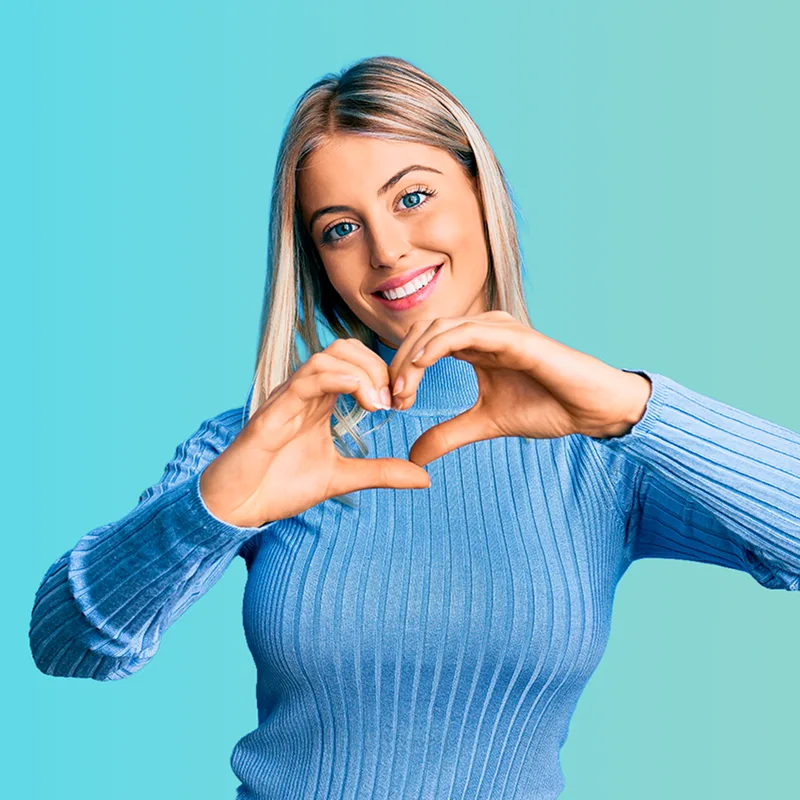 Smiling woman on her profile with text link for the product recommender