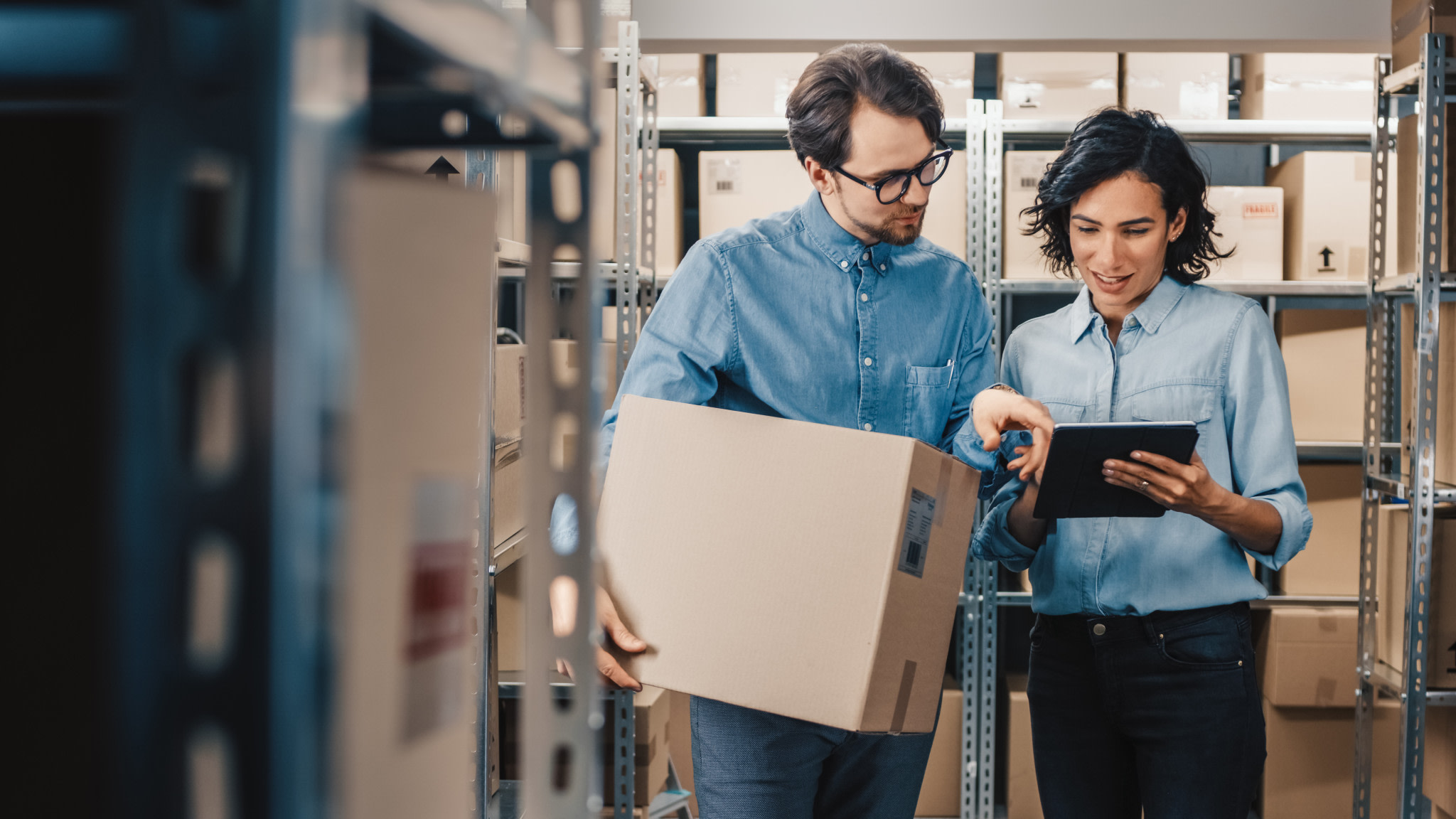 Business team in a warehouse.