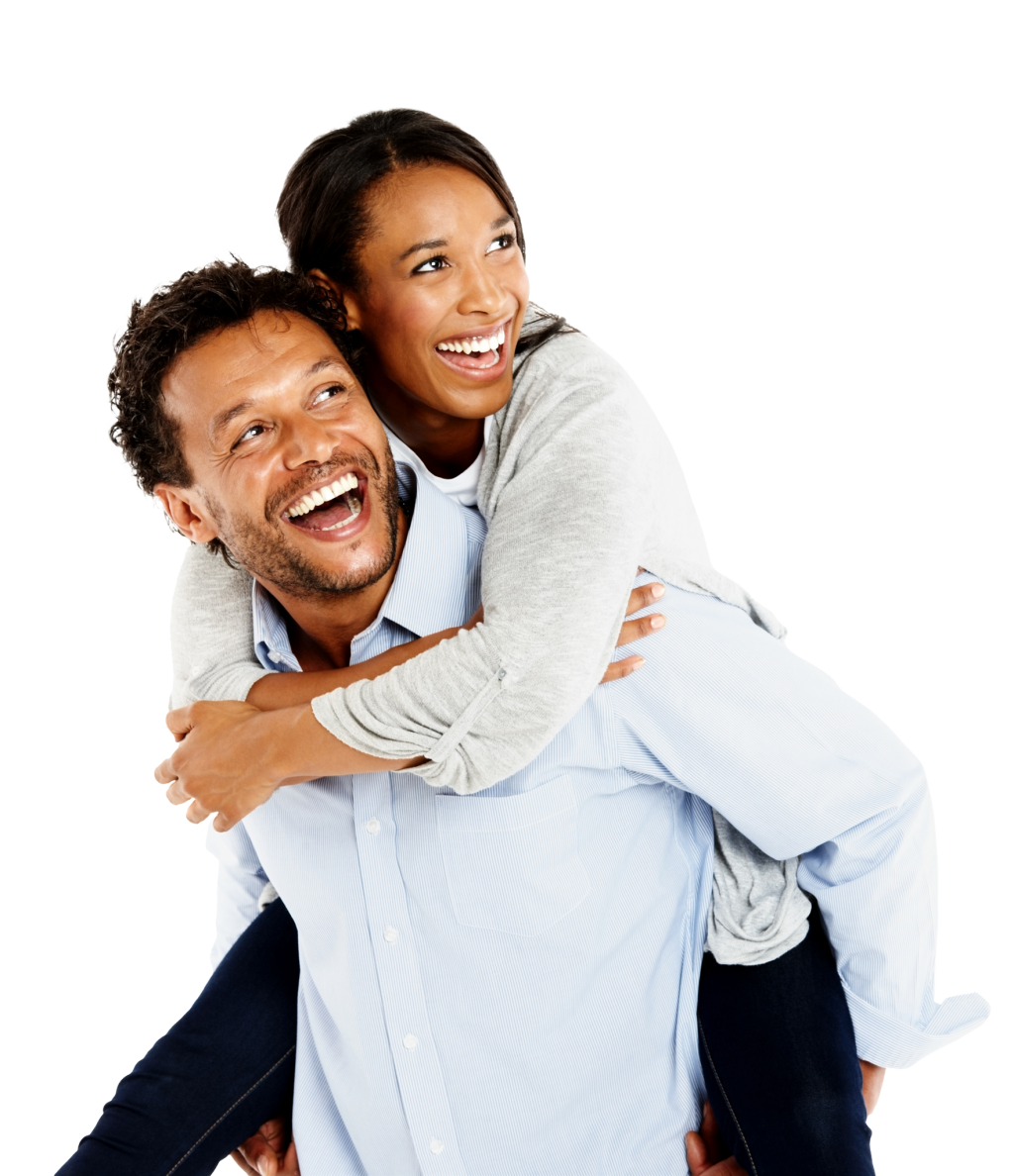 Couple with the woman riding on her partner's back.