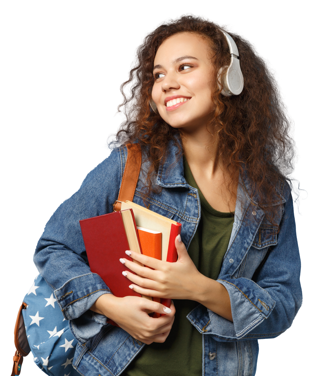 A female student holding books and carrying a backpack.