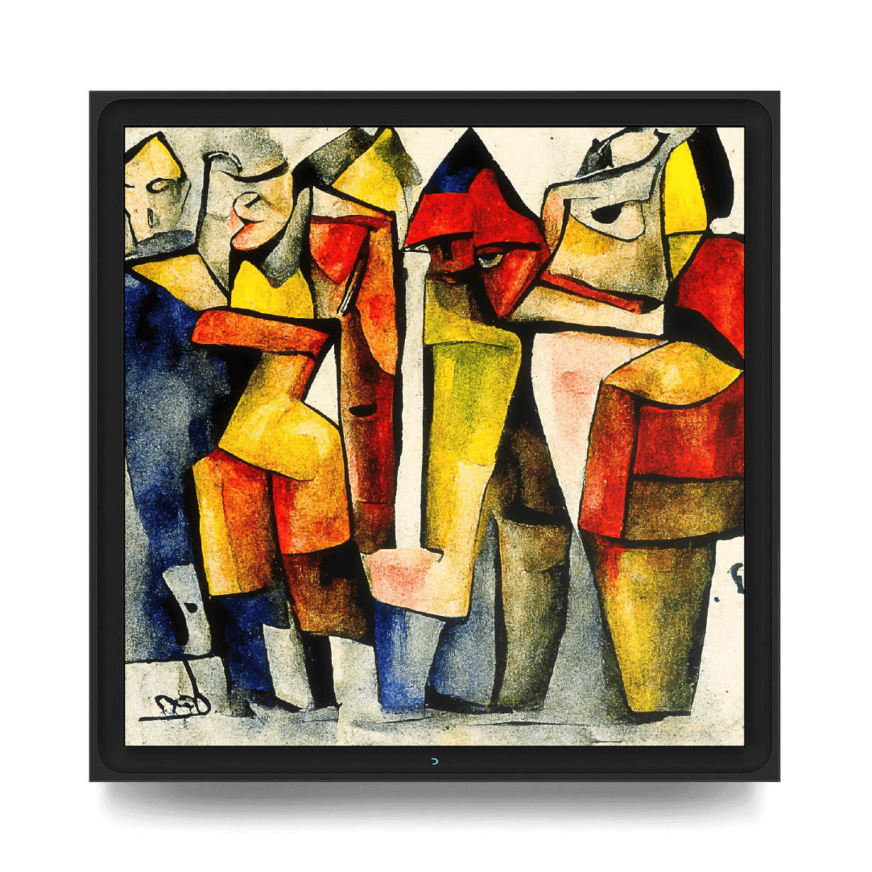 A black Danvas display hangs on a white gallery wall and features a figural painting by Helena Sarin, showing red, orange and blue figures composed of blocks and angles. 