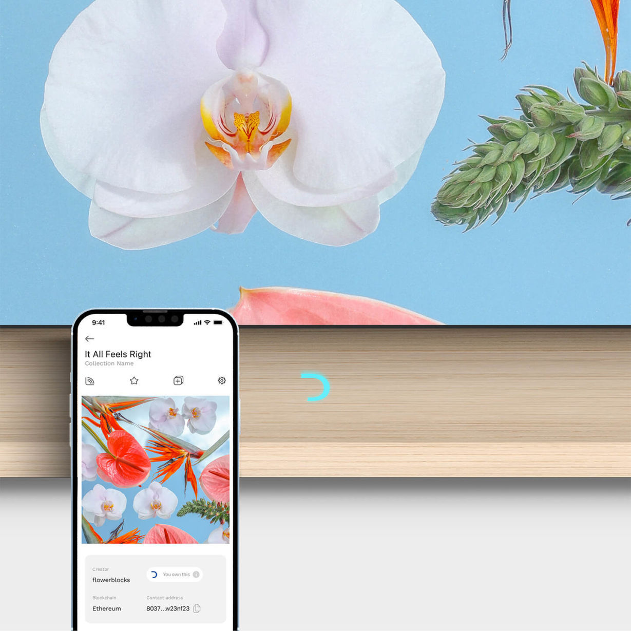 The Danvas app, displaying a brightly colored flower artwork by Flowerblocks, sits in front of the frame it is casting the artwork to.
