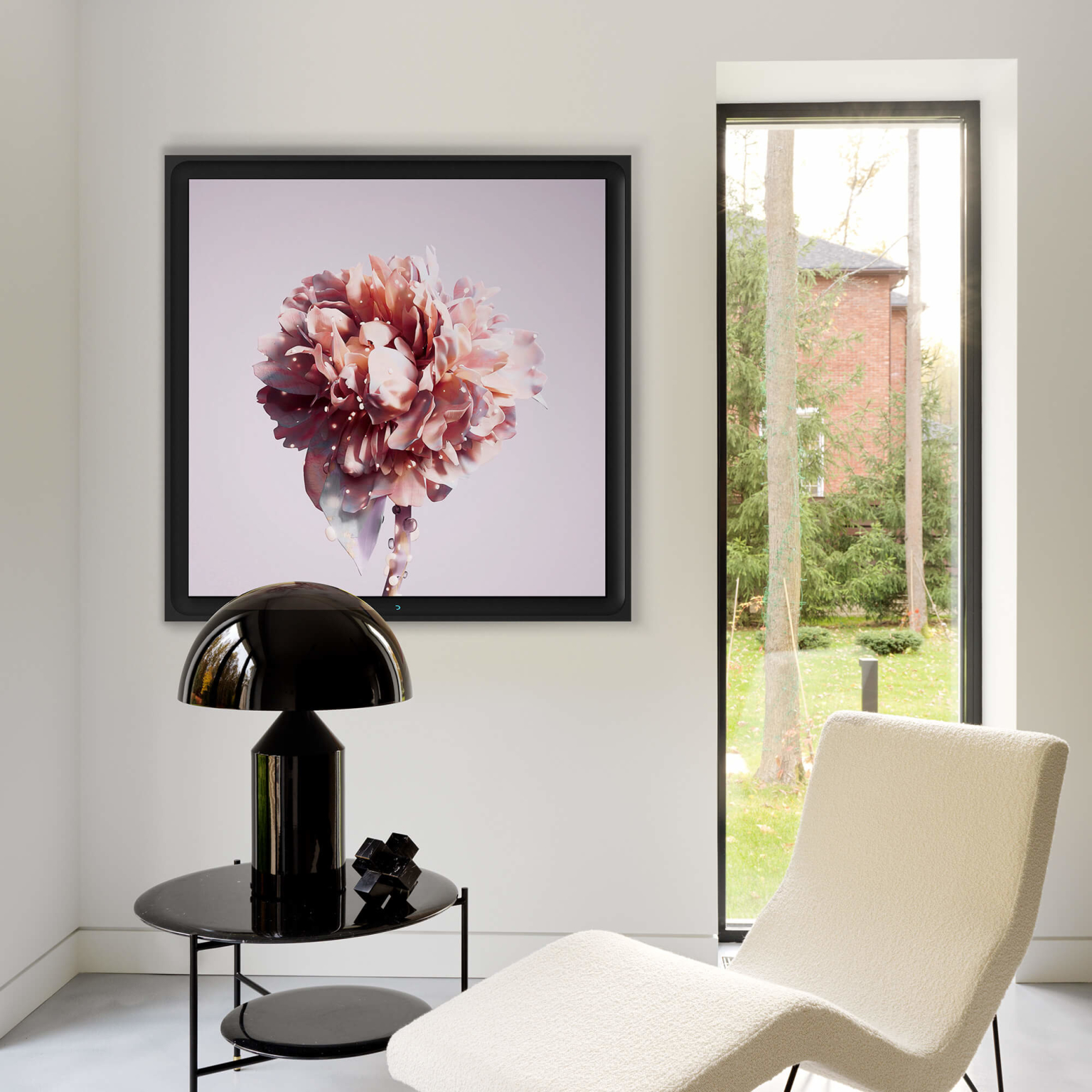 A Danvas frame hangs in a bright, white room full of natural light. The frame features an artwork by Gonzalo Miranda.