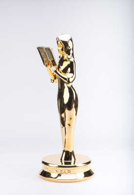 24 inch golden trophy of a lady holding a book