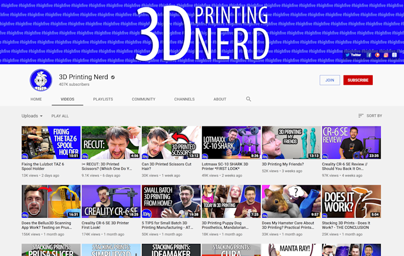 Screen Shot of 3D printing nerd's YouTube channel